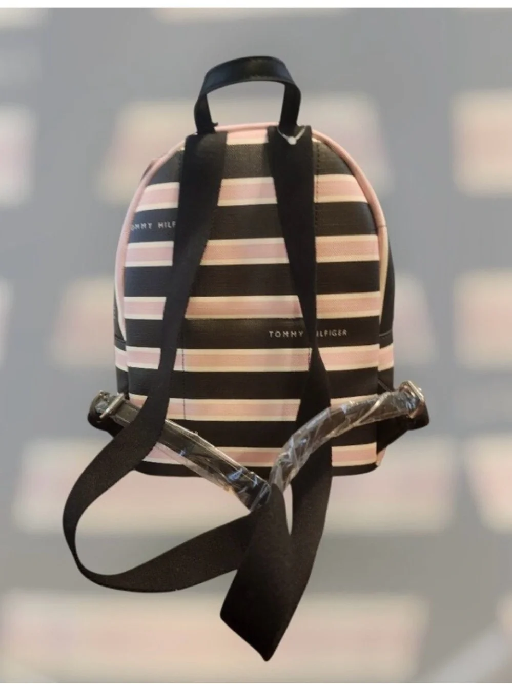 Tommy Hilfiger Black and Light Pink Striped Mini Backpack, NWT, MSRP $108